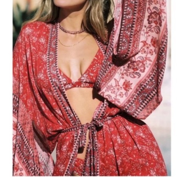 Boho Red Floral Print Kimono Sleeve Belted Cover Up - Picture 2 of 8